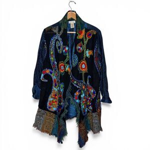 Soft Surroundings Draped Open Cardigan Embroidered Wool Tapestry Sweater Boho L